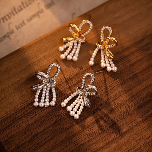 Bow Pearl Tassel Earrings